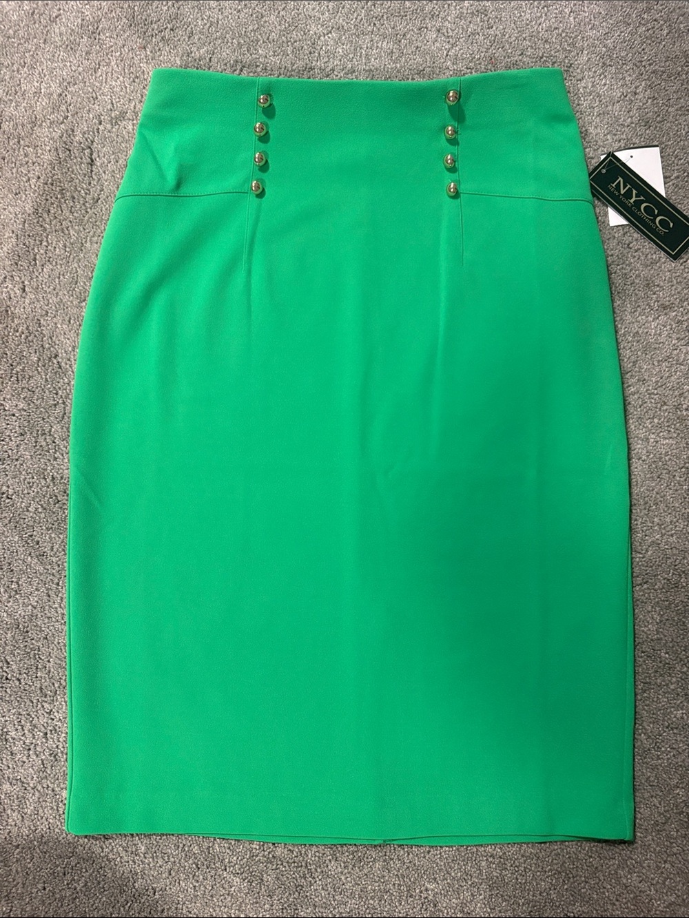 New York & Company Bright Green High-Waist Pencil Skirt with Gold Buttons